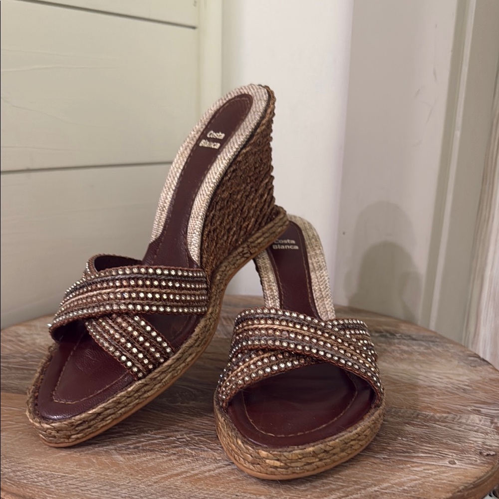 Costa Blanca Brown Wedge Sandals with Braided Design